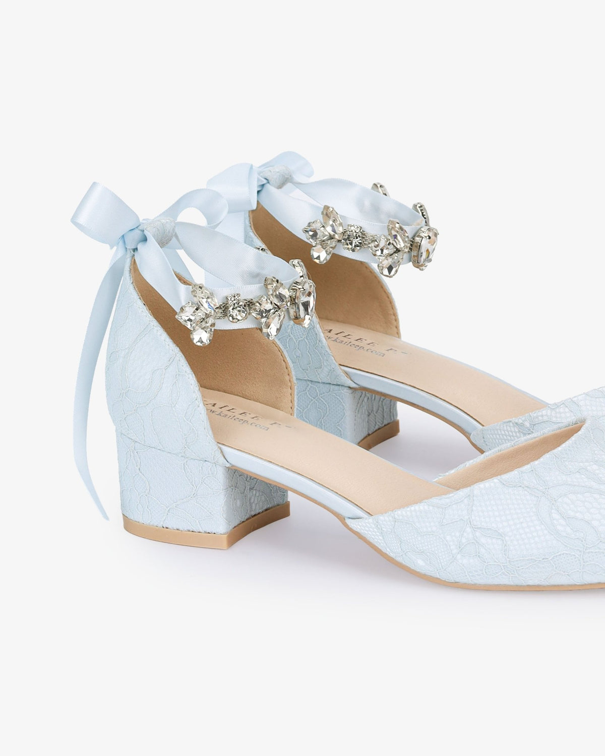 Lace Round Toe Low Block Heel Wedding Shoes with Navette Cluster Rhinestones Strap - Luzilly Bridal & Apparel