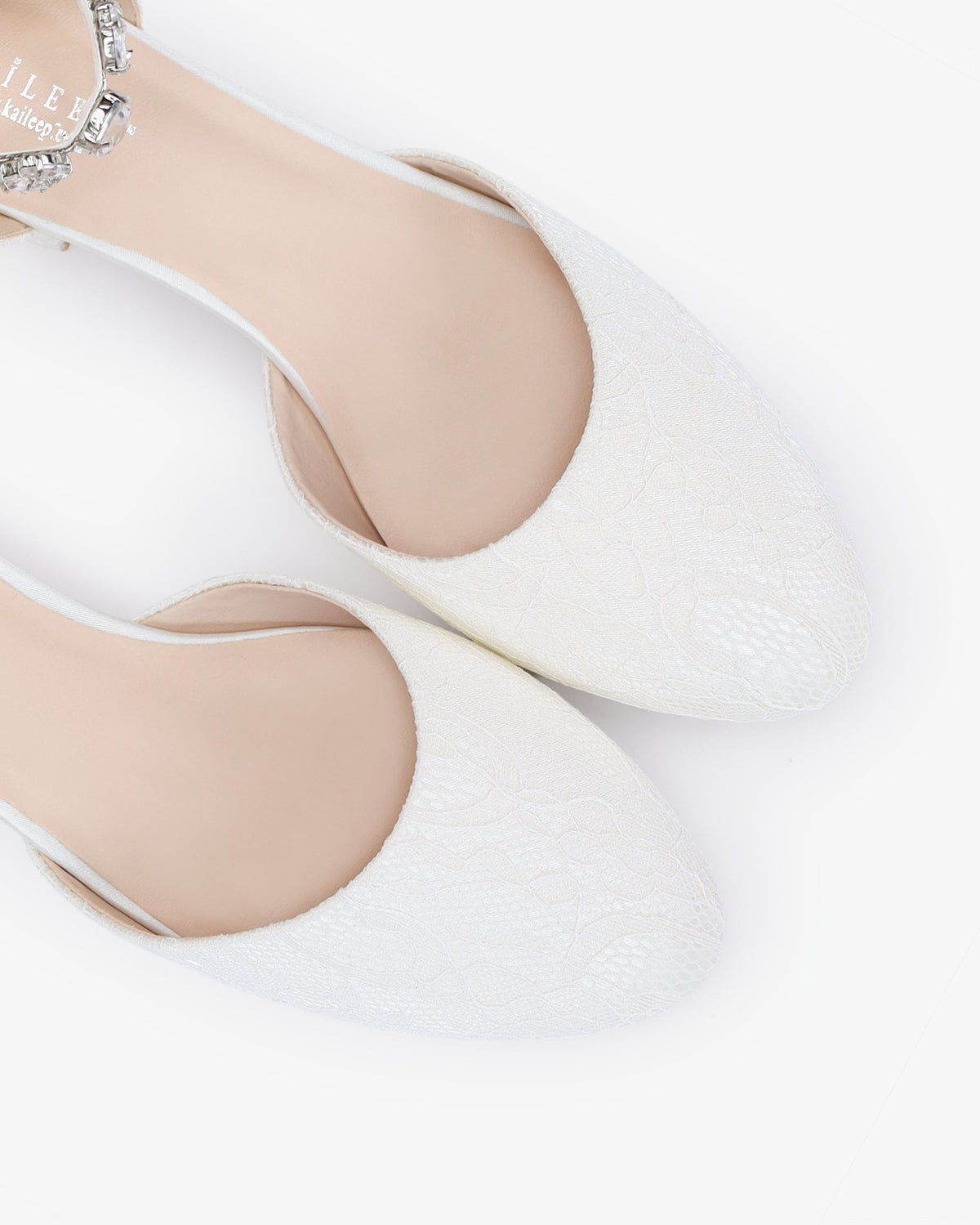 Lace Round Toe Low Block Heel Wedding Shoes with Navette Cluster Rhinestones Strap - Luzilly Bridal & Apparel