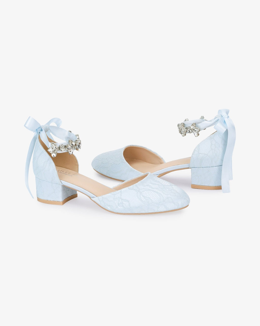 Lace Round Toe Low Block Heel Wedding Shoes with Navette Cluster Rhinestones Strap - Luzilly Bridal & Apparel