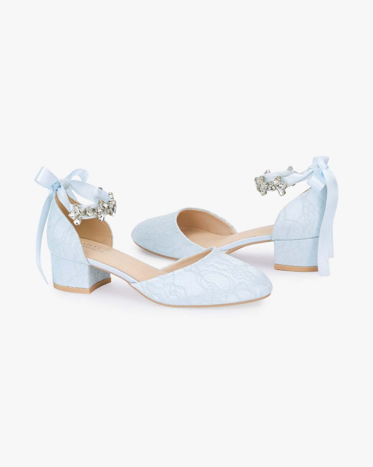 Lace Round Toe Low Block Heel Wedding Shoes with Navette Cluster Rhinestones Strap - Luzilly Bridal & Apparel