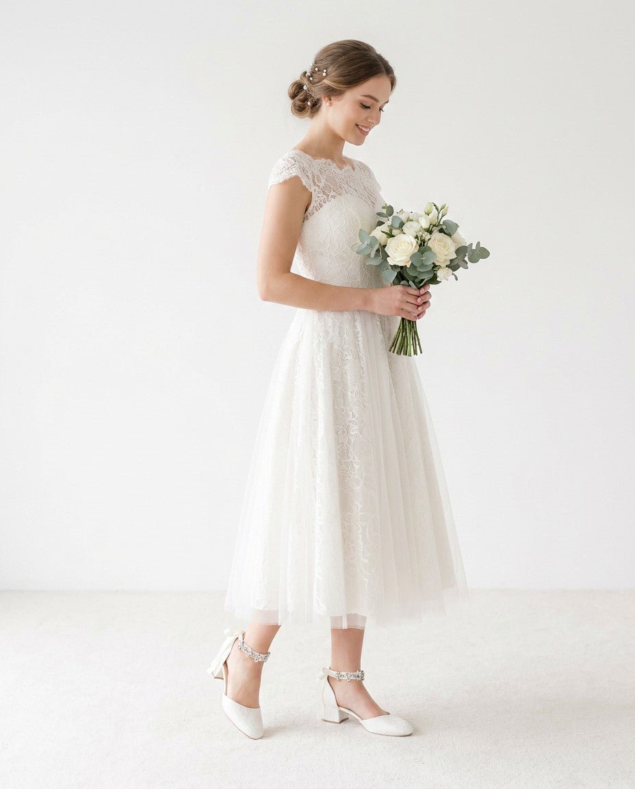 Lace Round Toe Low Block Heel Wedding Shoes with Navette Cluster Rhinestones Strap - Luzilly Bridal & Apparel