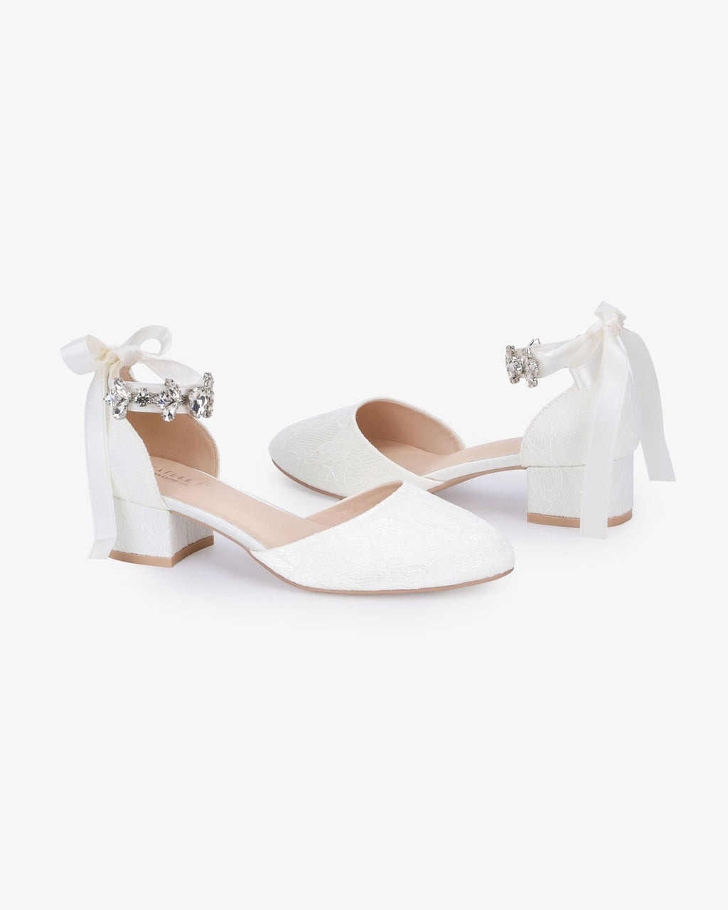 Lace Round Toe Low Block Heel Wedding Shoes with Navette Cluster Rhinestones Strap - Luzilly Bridal & Apparel