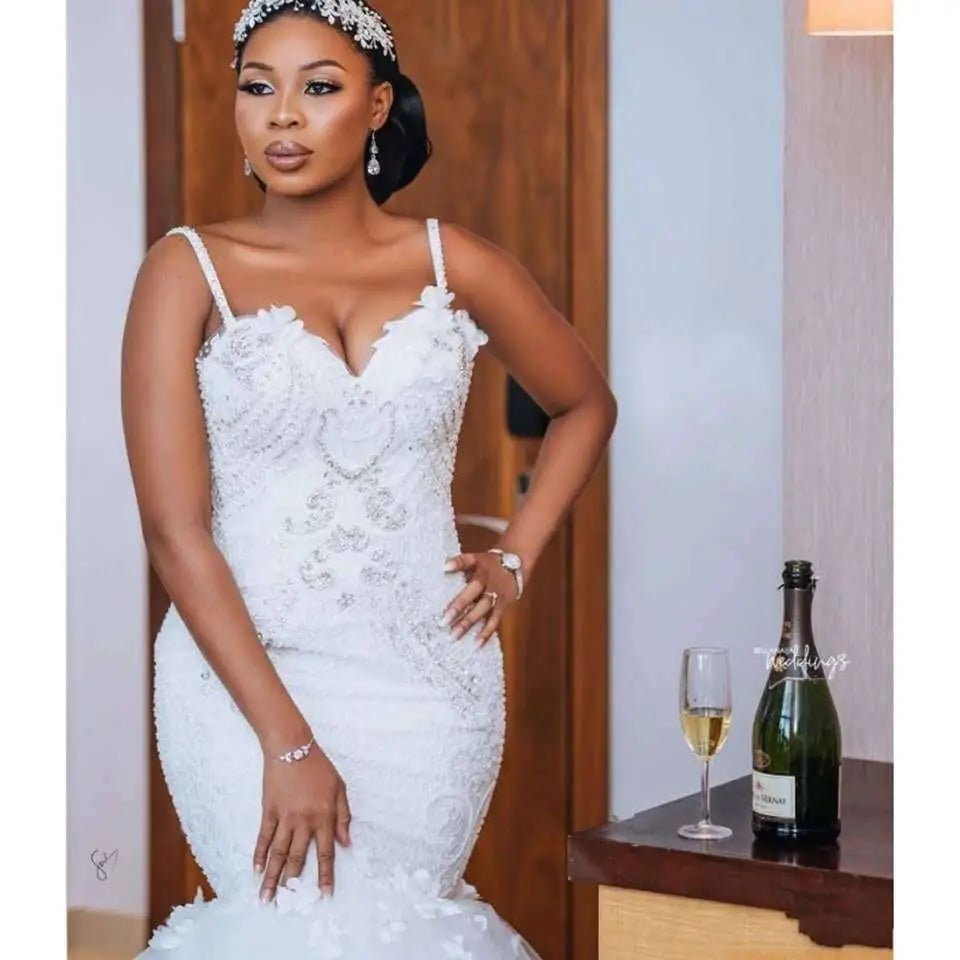 Lace Sleeveless Big Tail African Mermaid Wedding Dress - Luzilly Bridal & Apparel