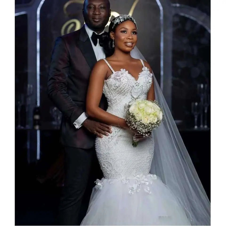 Lace Sleeveless Big Tail African Mermaid Wedding Dress - Luzilly Bridal & Apparel