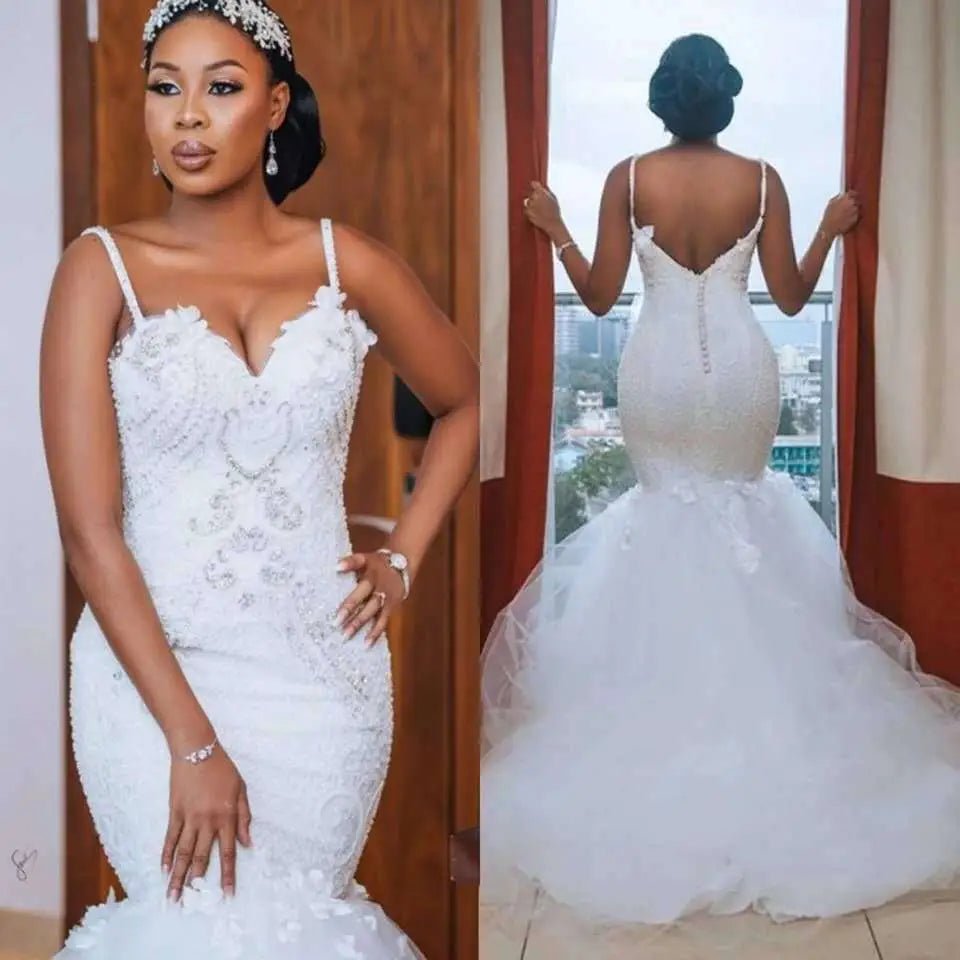 Lace Sleeveless Big Tail African Mermaid Wedding Dress - Luzilly Bridal & Apparel