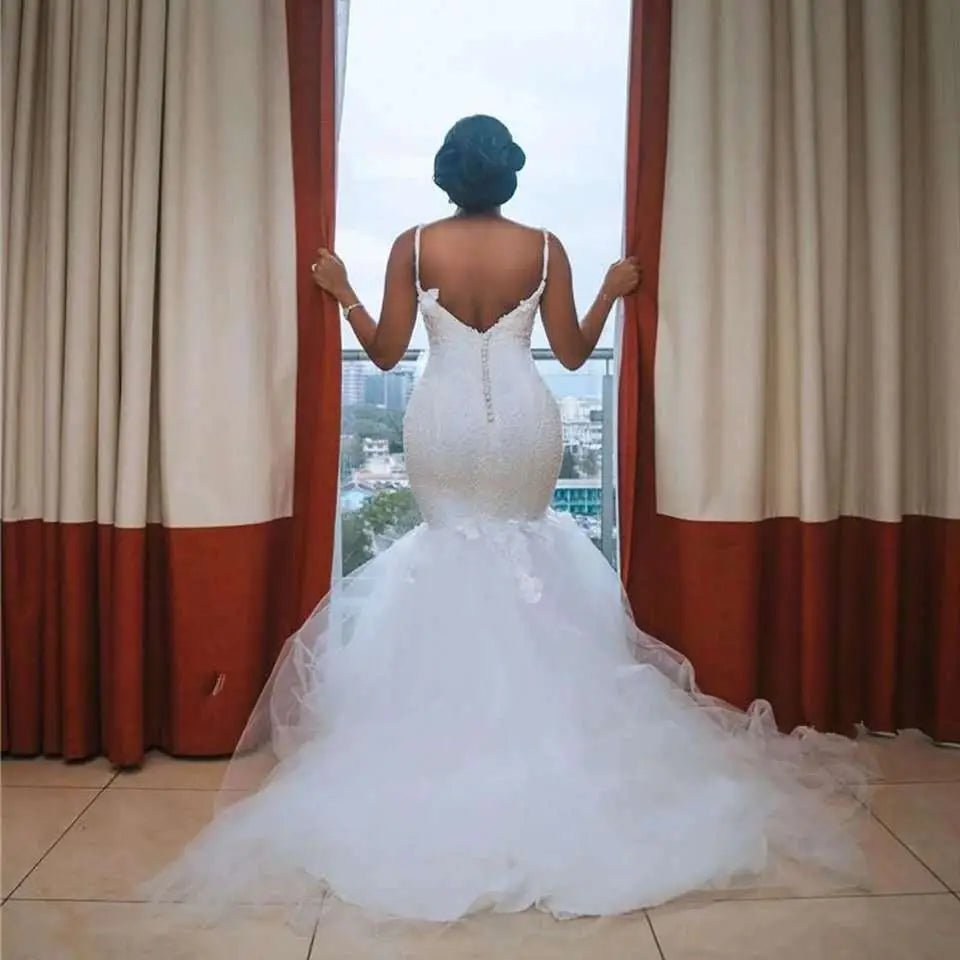 Lace Sleeveless Big Tail African Mermaid Wedding Dress - Luzilly Bridal & Apparel