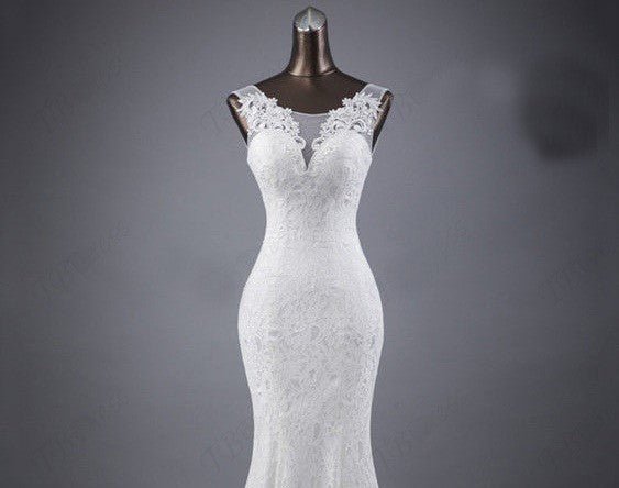 Lace slim and thin double shoulder tail wedding dress - Luzilly Bridal & Apparel