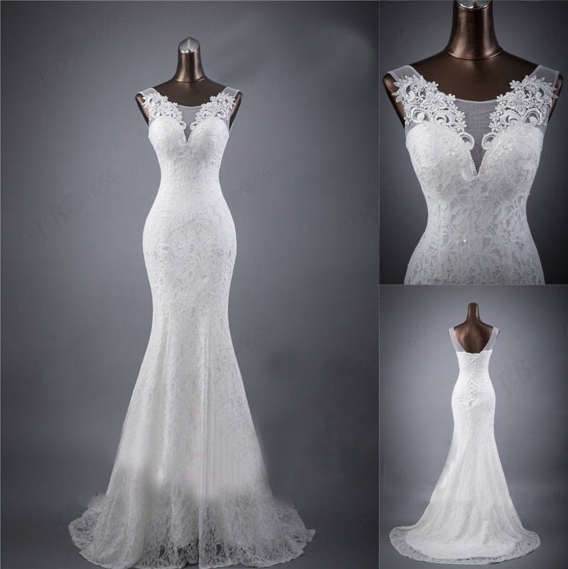 Lace slim and thin double shoulder tail wedding dress - Luzilly Bridal & Apparel