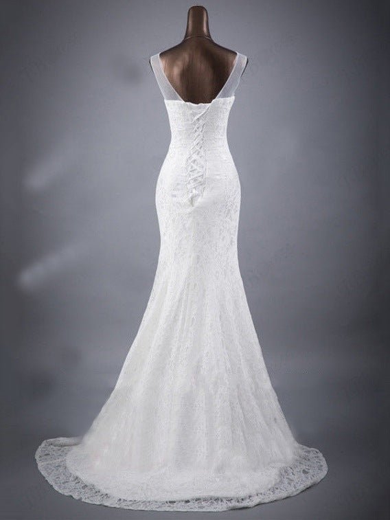 Lace slim and thin double shoulder tail wedding dress - Luzilly Bridal & Apparel