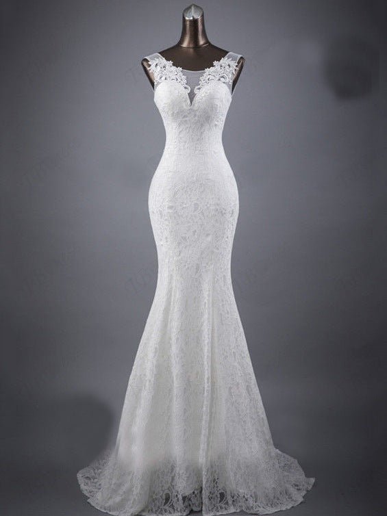 Lace slim and thin double shoulder tail wedding dress - Luzilly Bridal & Apparel