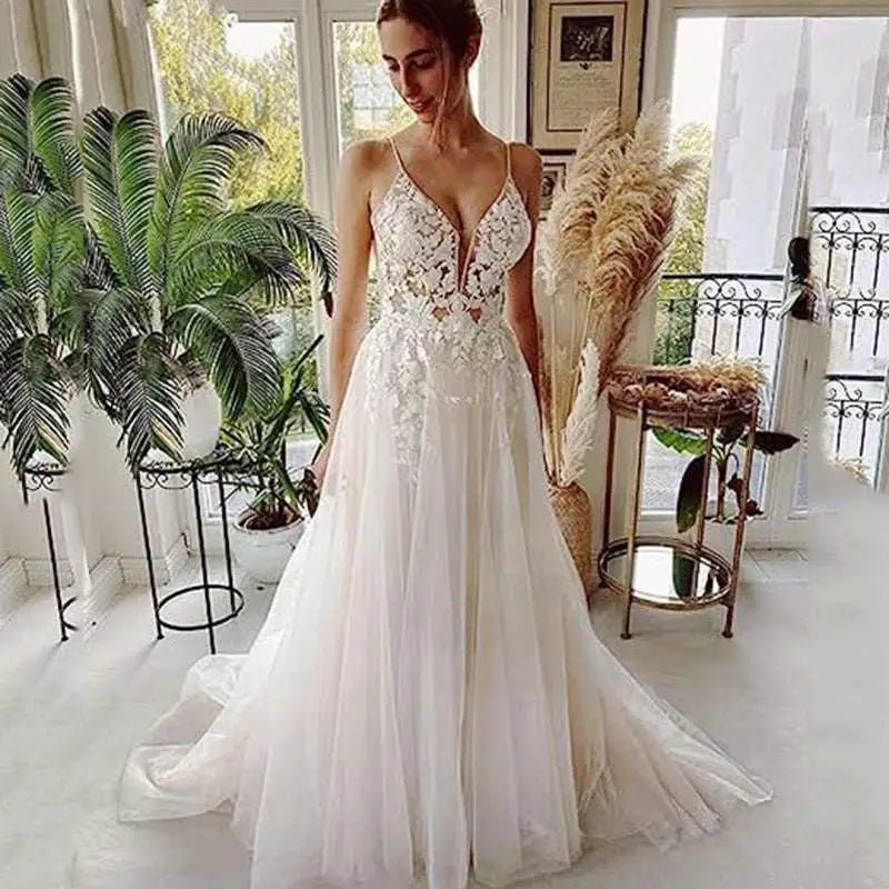 Lace Strap Backless V Neck Wedding Dress - Luzilly Bridal & Apparel