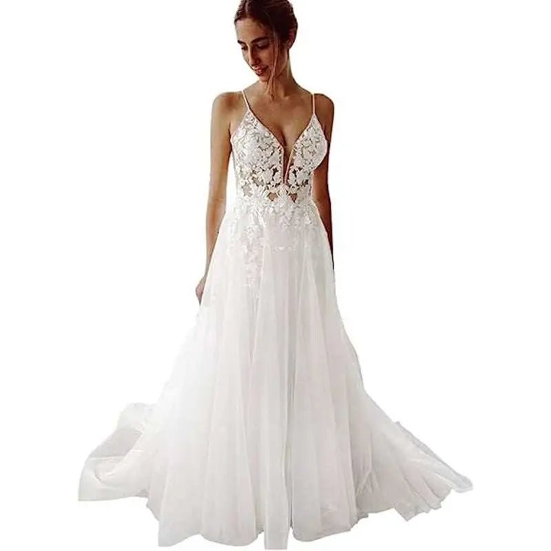 Lace Strap Backless V Neck Wedding Dress - Luzilly Bridal & Apparel