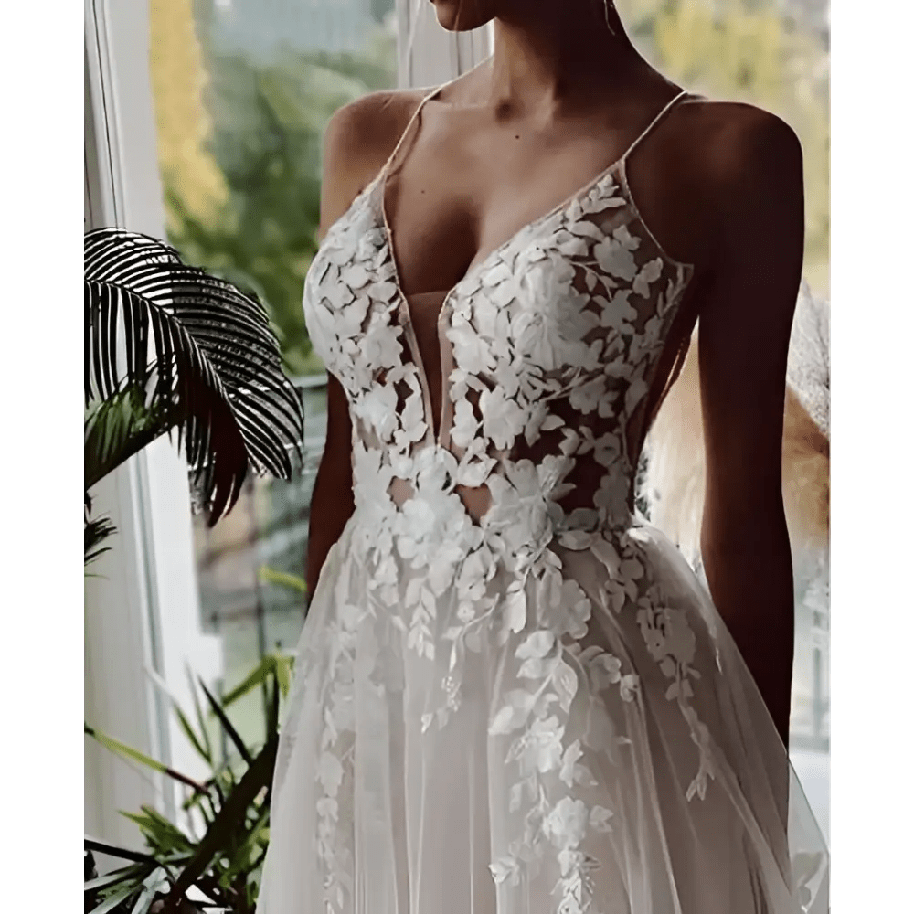 Lace Strap Backless V Neck Wedding Dress - Luzilly Bridal & Apparel