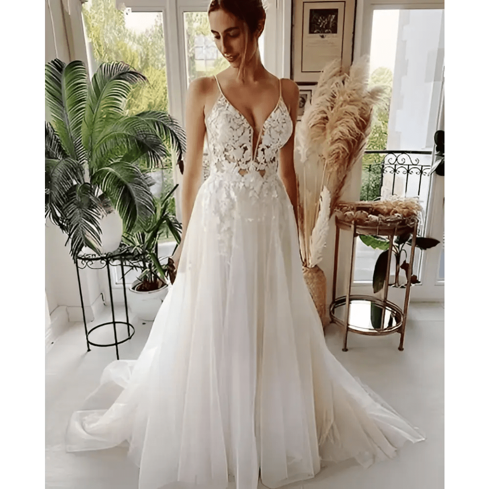 Lace Strap Backless V Neck Wedding Dress - Luzilly Bridal & Apparel