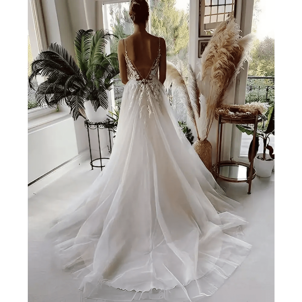 Lace Strap Backless V Neck Wedding Dress - Luzilly Bridal & Apparel