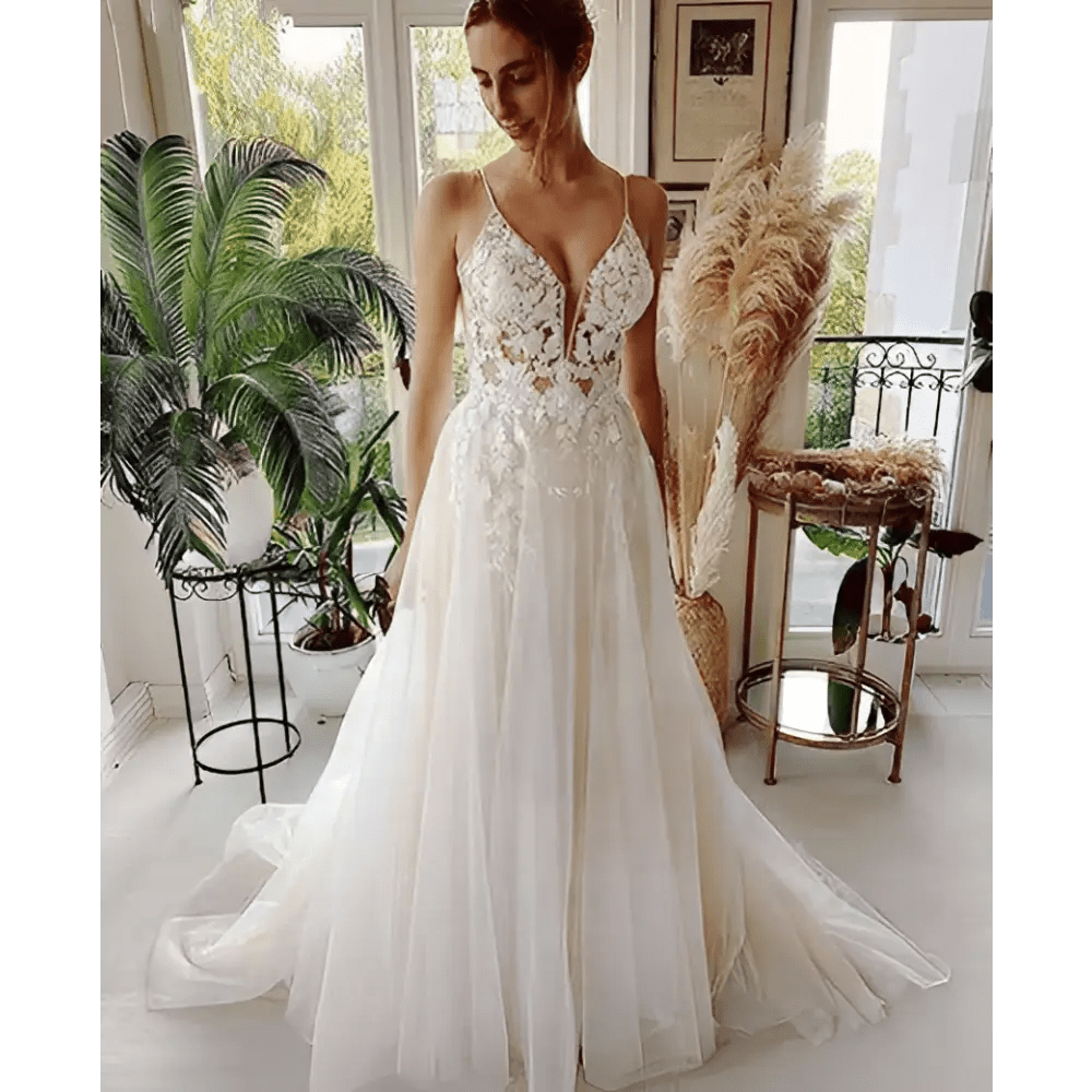 Lace Strap Backless V Neck Wedding Dress - Luzilly Bridal & Apparel