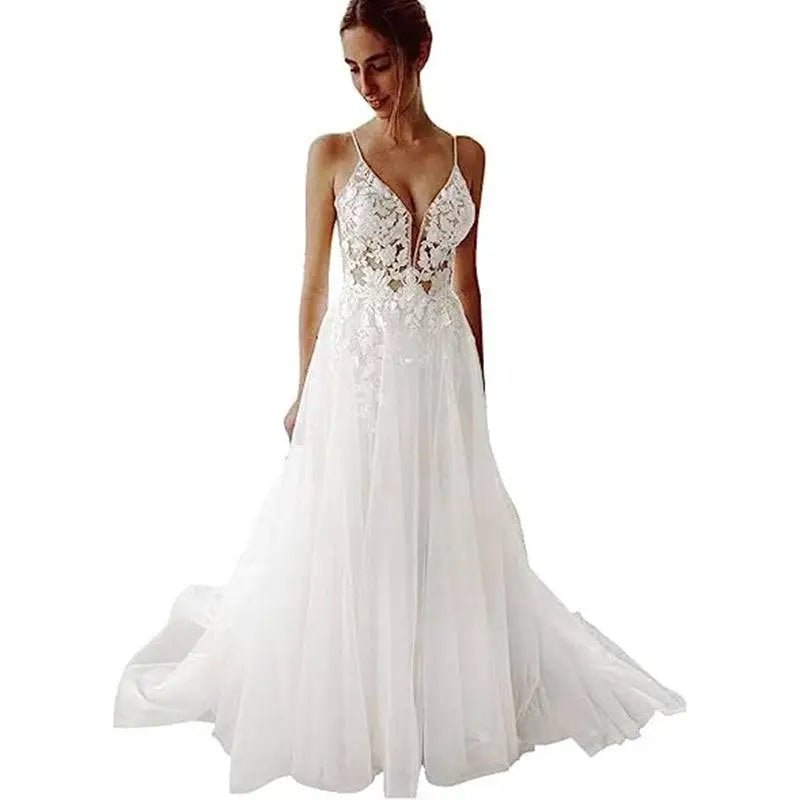 Lace Strap Backless V Neck Wedding Dress - Luzilly Bridal & Apparel