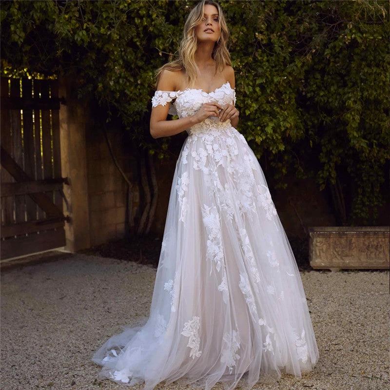 Lace Wedding Dresses Off The Shoulder Appliques A-Line Bride Dress Princess Wedding Gown Bridal Dress - Luzilly Bridal & Apparel