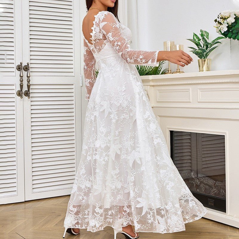 Lace Women's Dress Long Sleeve One Shoulder White Bridal Wedding Dress Gown - Luzilly Bridal & Apparel