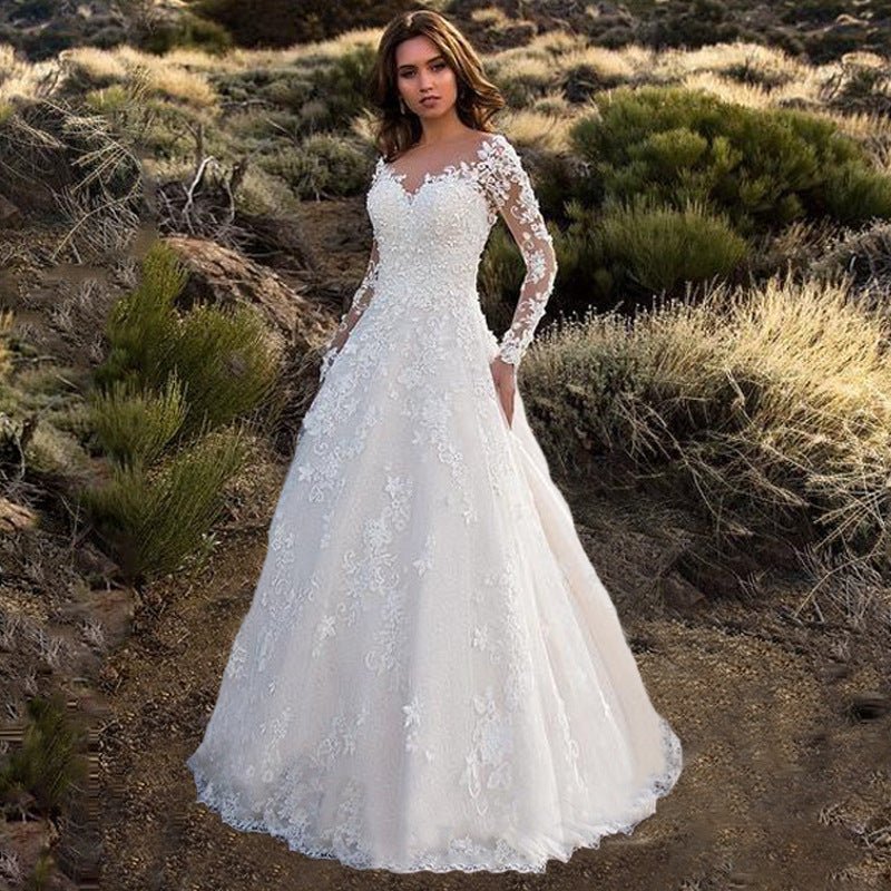 Lace Women's Dress Long Sleeve One Shoulder White Bridal Wedding Dress Gown - Luzilly Bridal & Apparel
