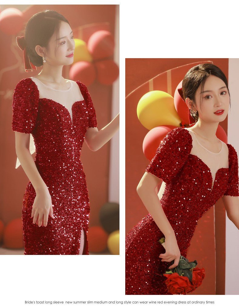 Ladies Wine Dress Bridal Burgundy Sequins - Luzilly Bridal & Apparel