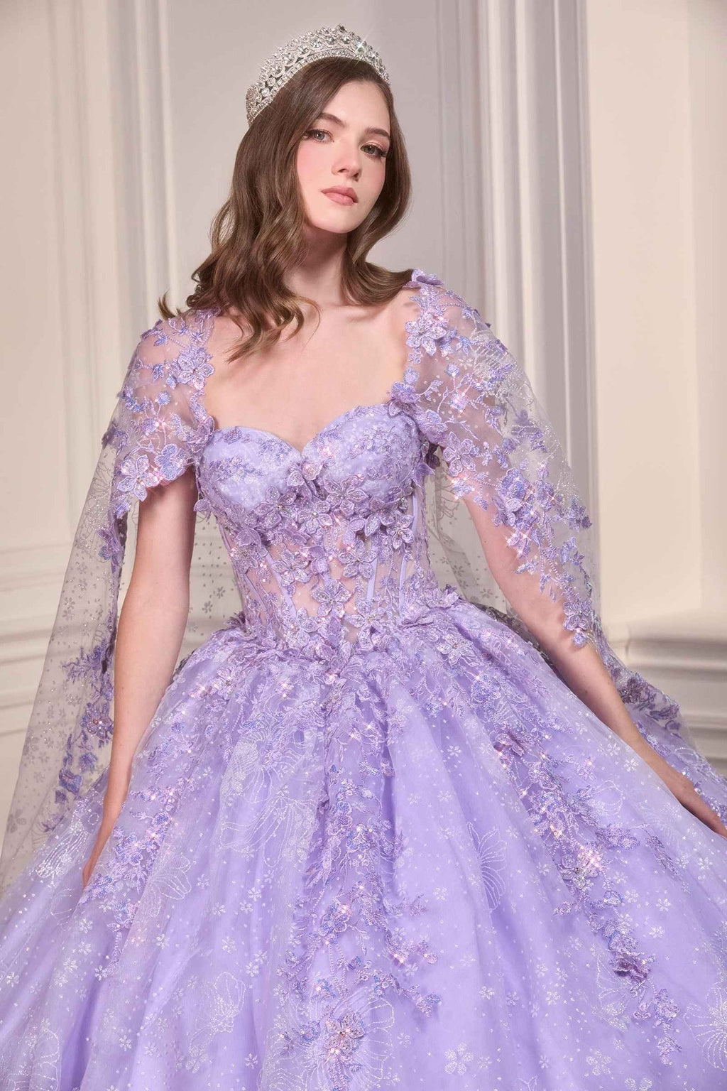 Ladivine 15719 Long Poofy Quinceanera Gown With Tulle Cape - Luzilly Bridal & Apparel