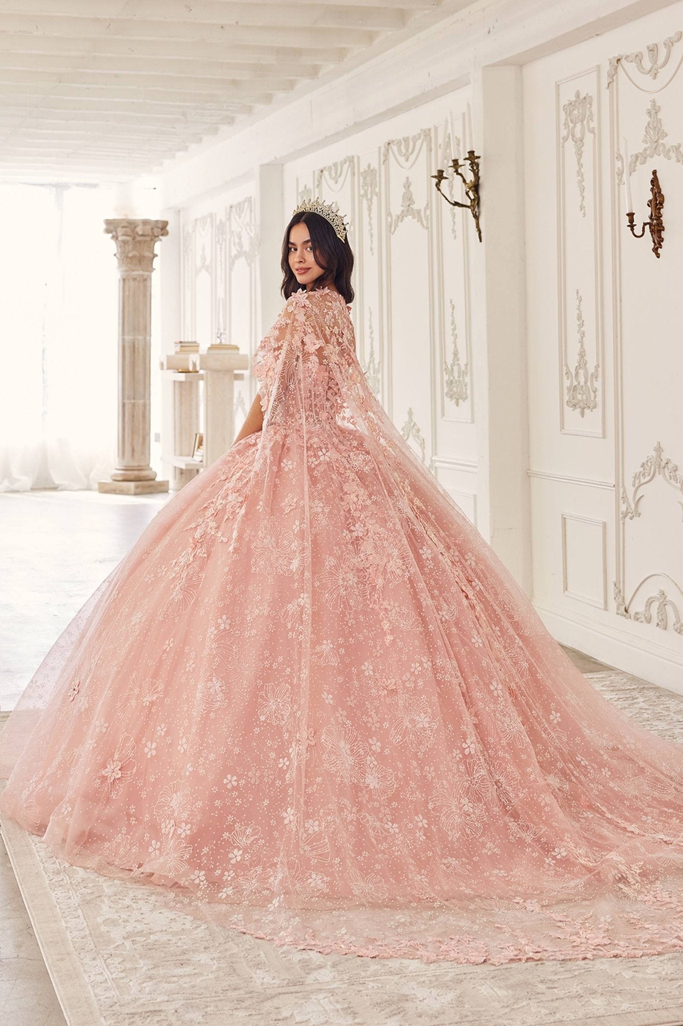 Ladivine 15719 Long Poofy Quinceanera Gown With Tulle Cape - Luzilly Bridal & Apparel