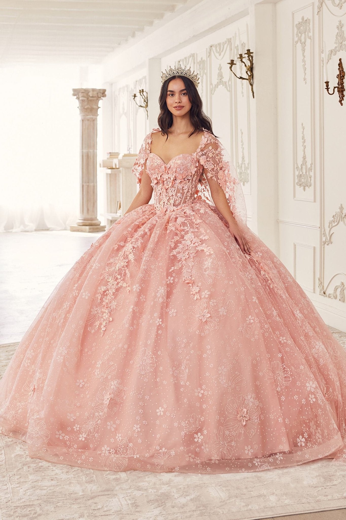 Ladivine 15719 Long Poofy Quinceanera Gown With Tulle Cape - Luzilly Bridal & Apparel
