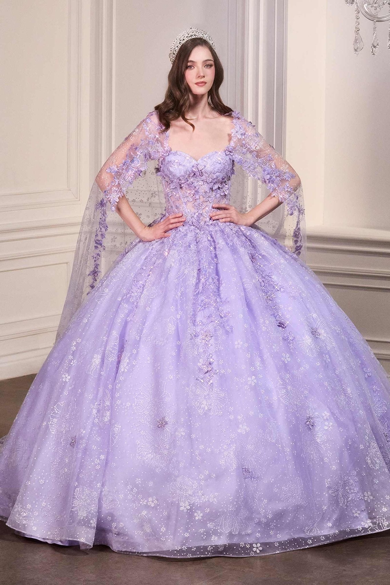 Ladivine 15719 Long Poofy Quinceanera Gown With Tulle Cape - Luzilly Bridal & Apparel