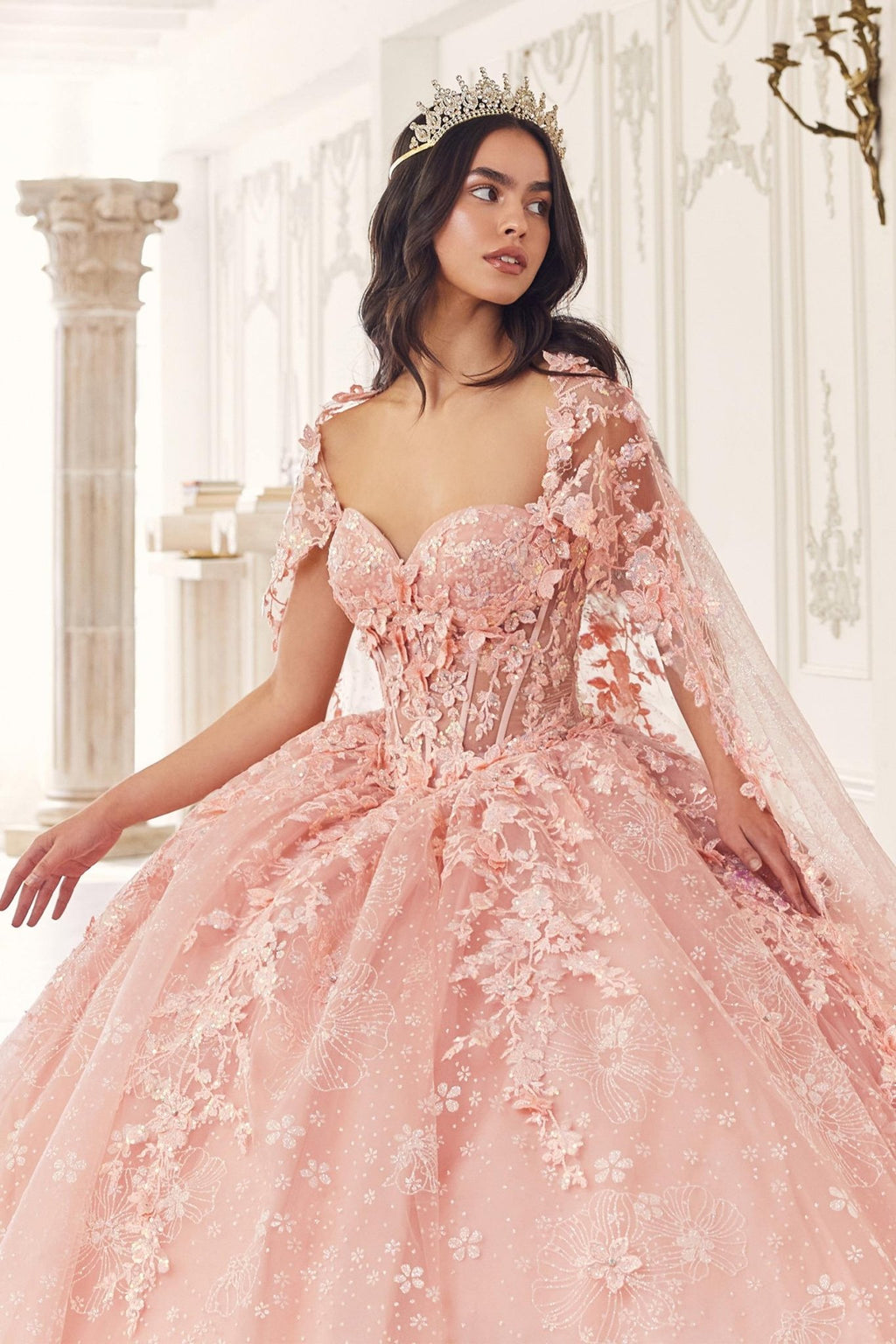 Ladivine 15719 Long Poofy Quinceanera Gown With Tulle Cape - Luzilly Bridal & Apparel