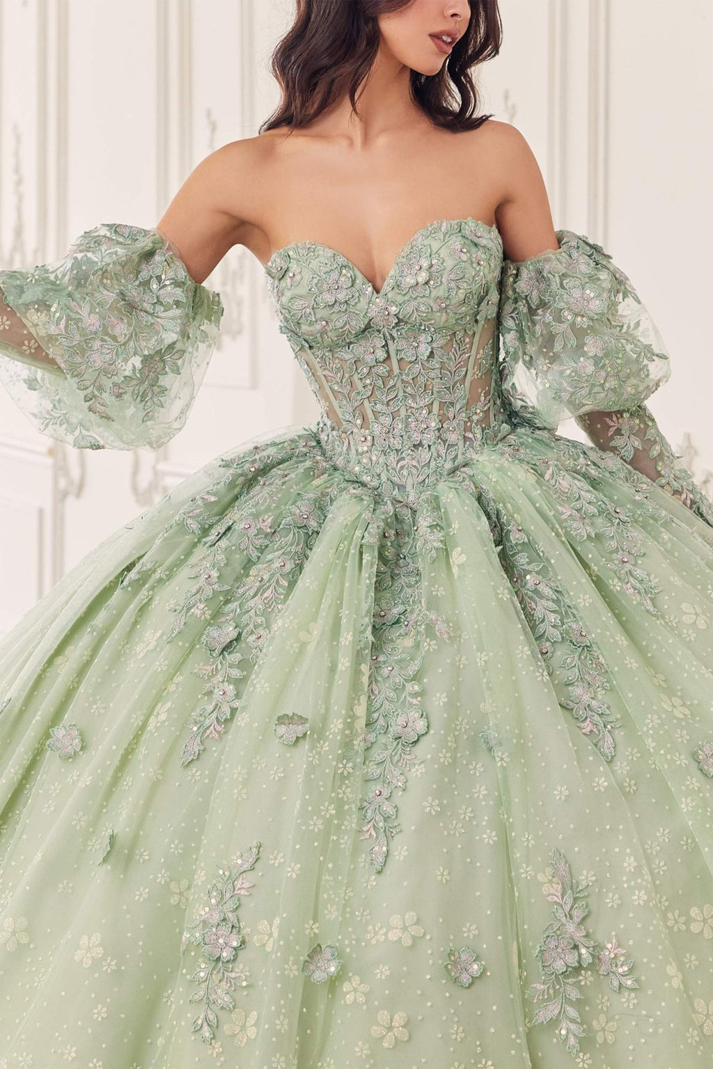 Ladivine 15722 Long Poofy A-Line Quinceanera Dress with Puffy Sleeves - Luzilly Bridal & Apparel