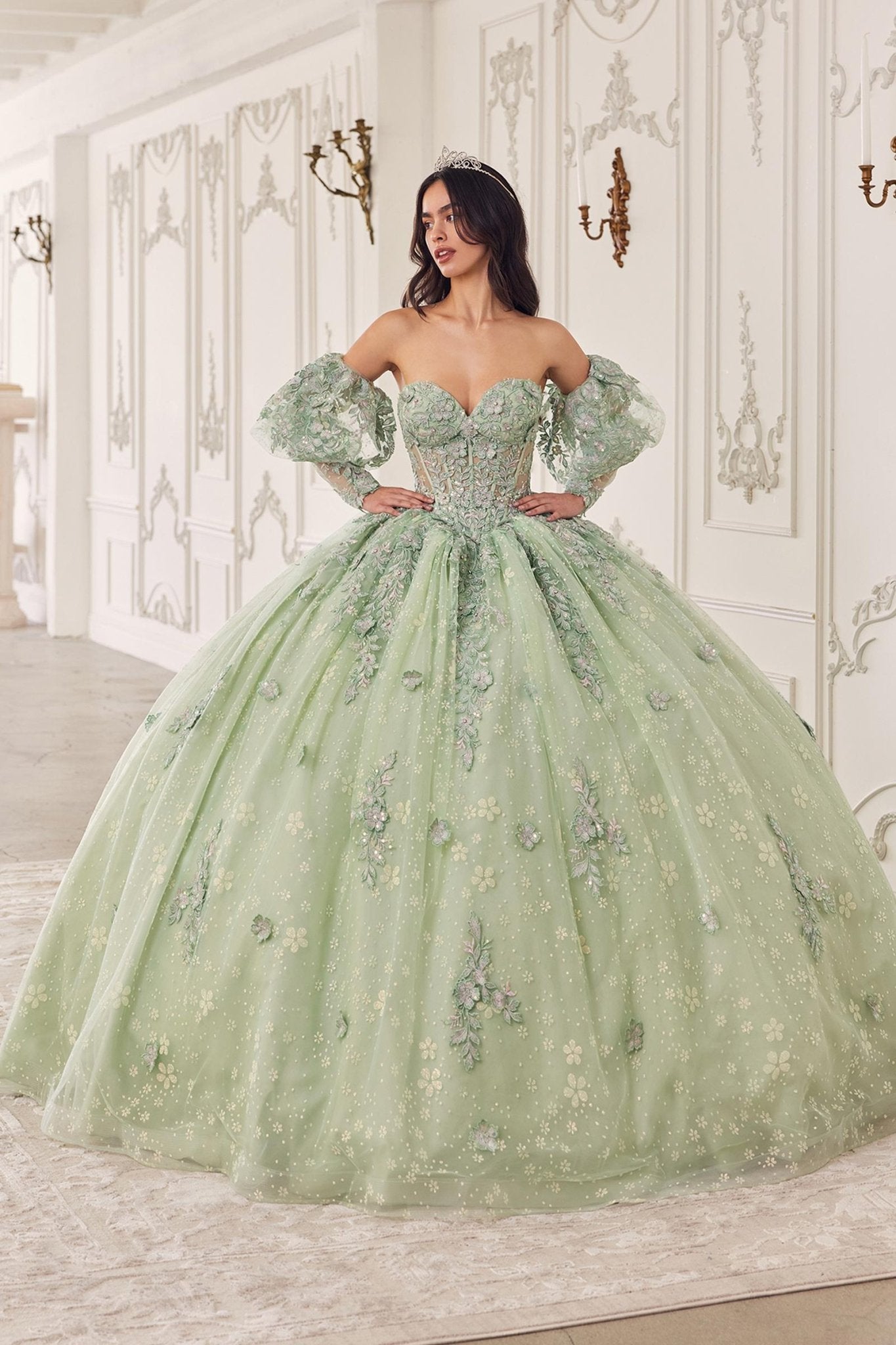 Ladivine 15722 Long Poofy A-Line Quinceanera Dress with Puffy Sleeves - Luzilly Bridal & Apparel