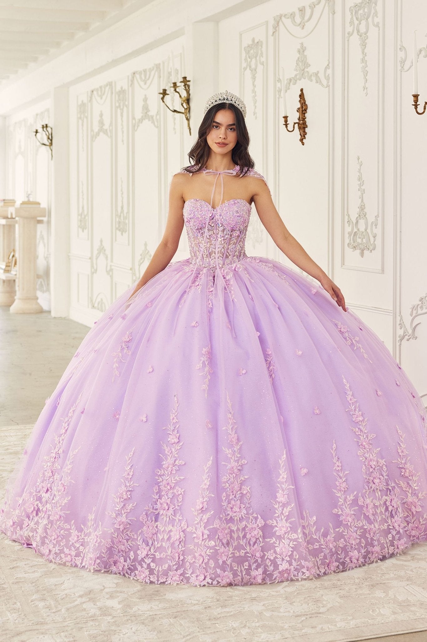 Ladivine 15723 Long Poofy A-Line Quinceanera Gown with Tulle Cape - Luzilly Bridal & Apparel