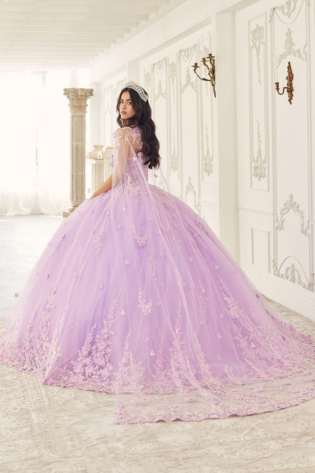 Ladivine 15723 Long Poofy A-Line Quinceanera Gown with Tulle Cape - Luzilly Bridal & Apparel