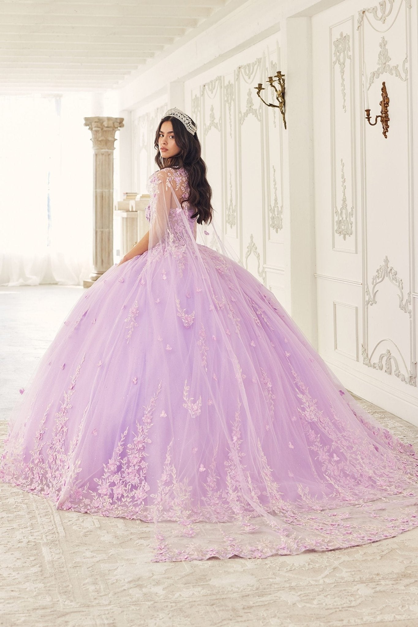Ladivine 15723 Long Poofy A-Line Quinceanera Gown with Tulle Cape - Luzilly Bridal & Apparel