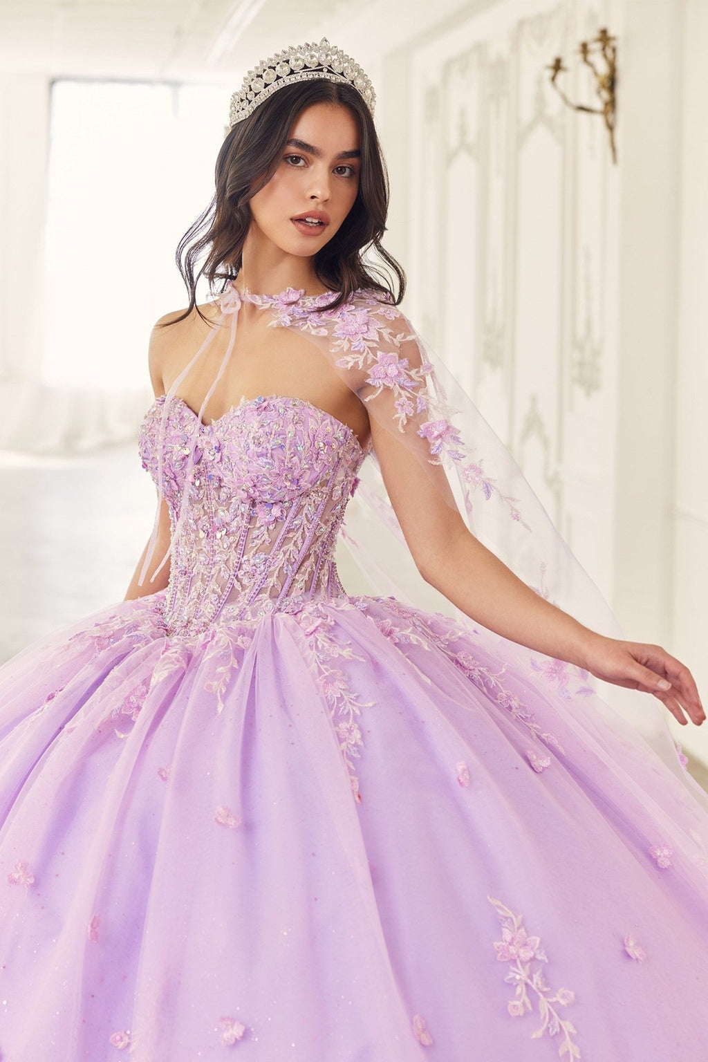 Ladivine 15723 Long Poofy A-Line Quinceanera Gown with Tulle Cape - Luzilly Bridal & Apparel