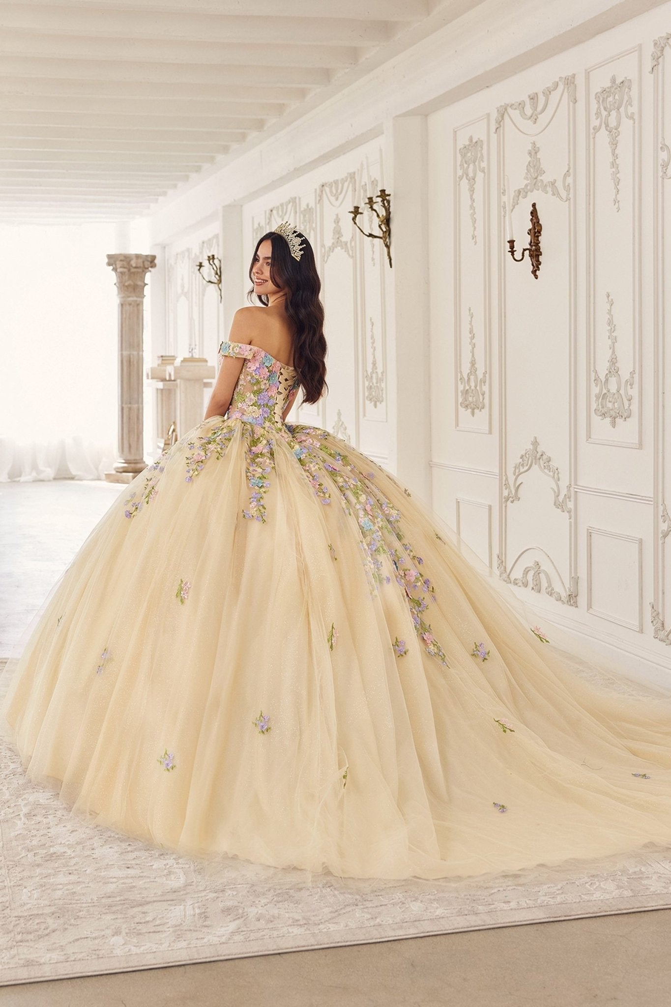 Ladivine 15724 Floral Lace Applique Quinceanera Gown Removable Capelet - Luzilly Bridal & Apparel