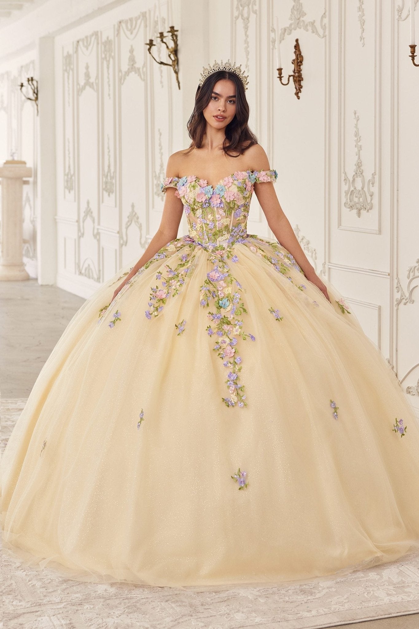 Ladivine 15724 Floral Lace Applique Quinceanera Gown Removable Capelet - Luzilly Bridal & Apparel