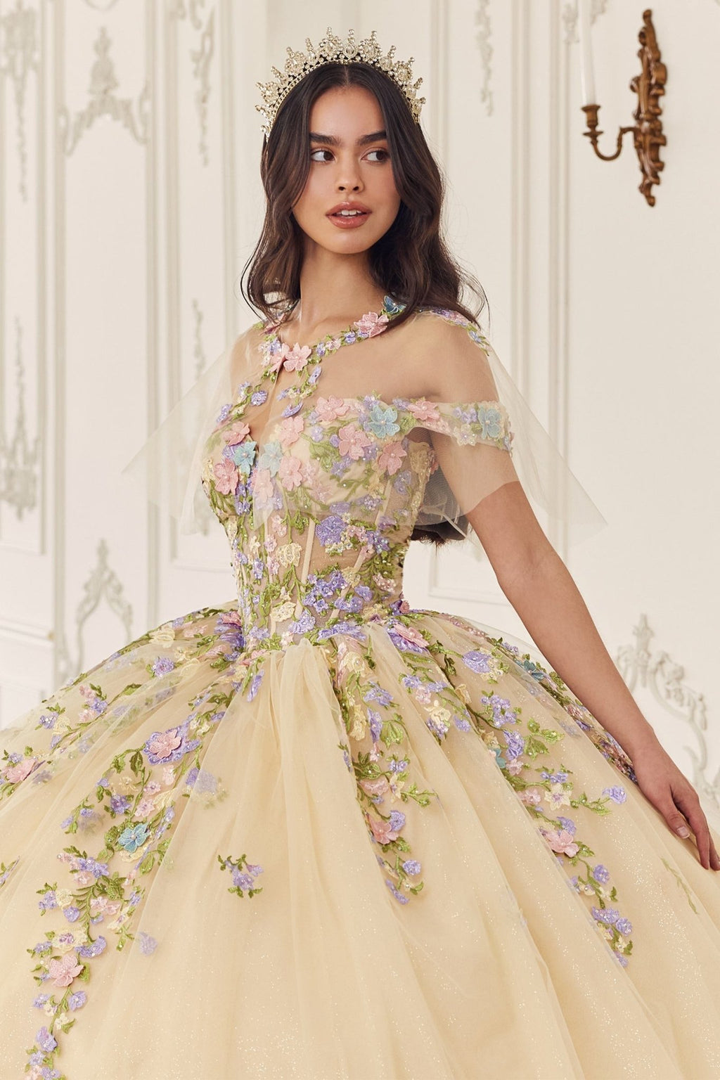 Ladivine 15724 Floral Lace Applique Quinceanera Gown Removable Capelet - Luzilly Bridal & Apparel