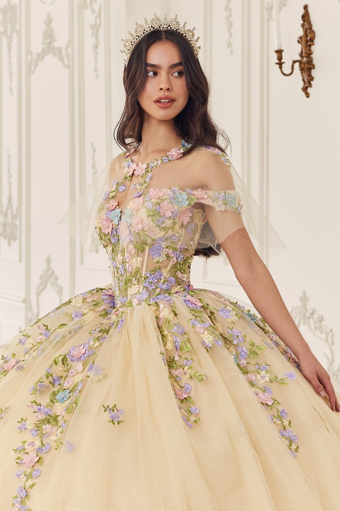 Ladivine 15724 Floral Lace Applique Quinceanera Gown Removable Capelet - Luzilly Bridal & Apparel