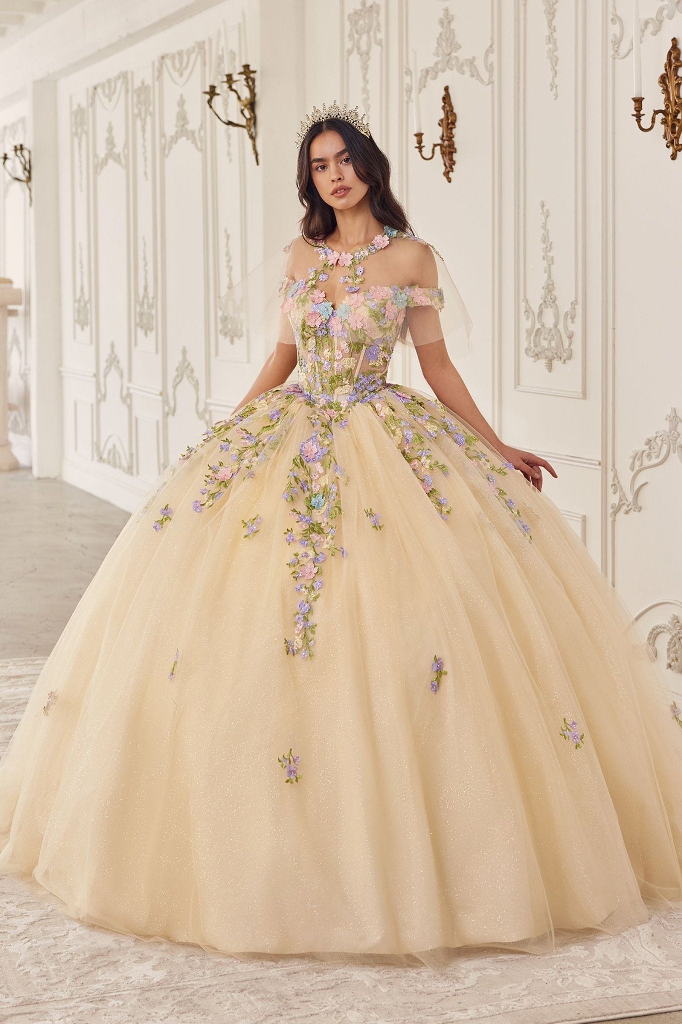 Ladivine 15724 Floral Lace Applique Quinceanera Gown Removable Capelet - Luzilly Bridal & Apparel