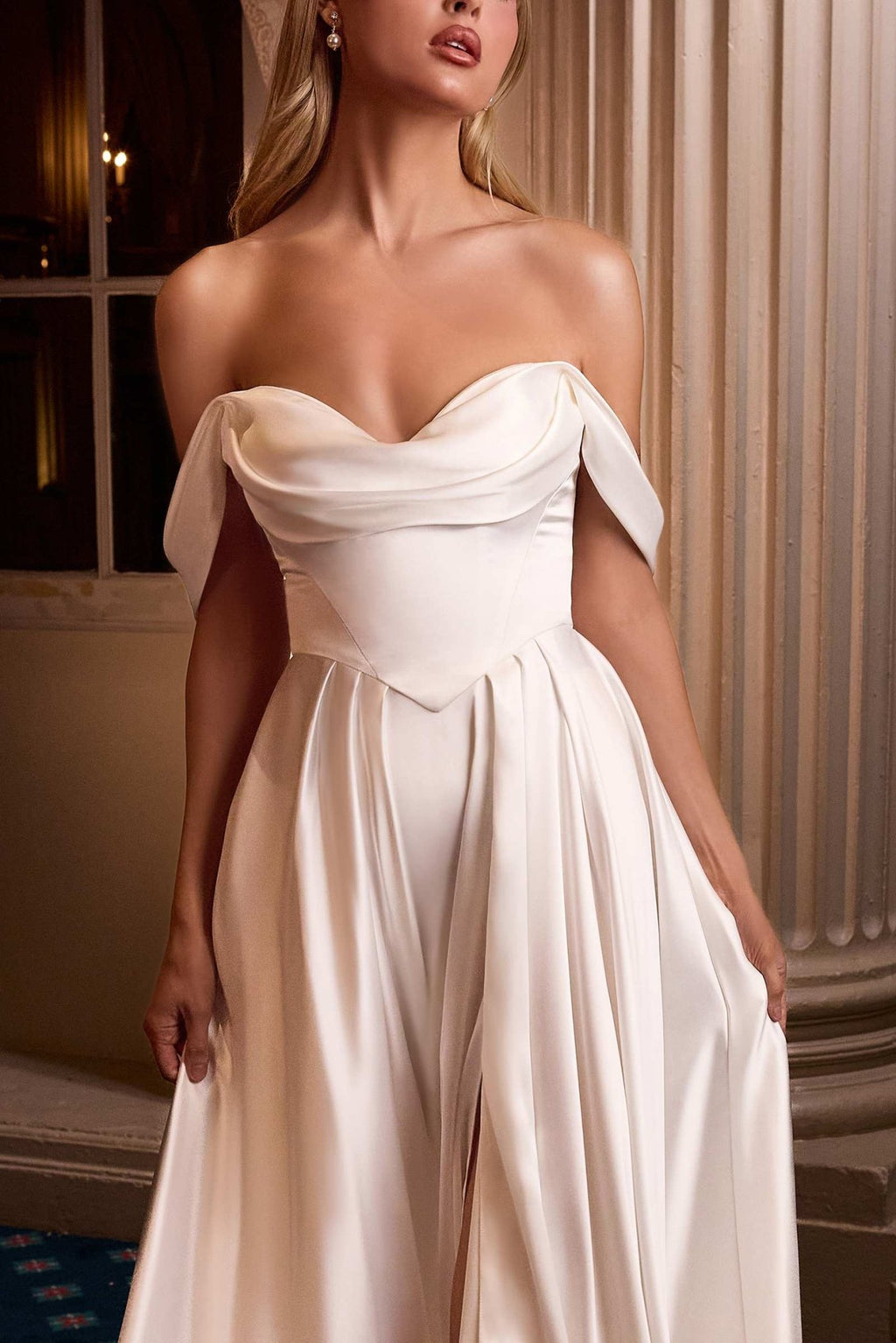Ladivine 7449W A-Line Fitted Bodice Off the Shoulder Satin Wedding Dress - Luzilly Bridal & Apparel