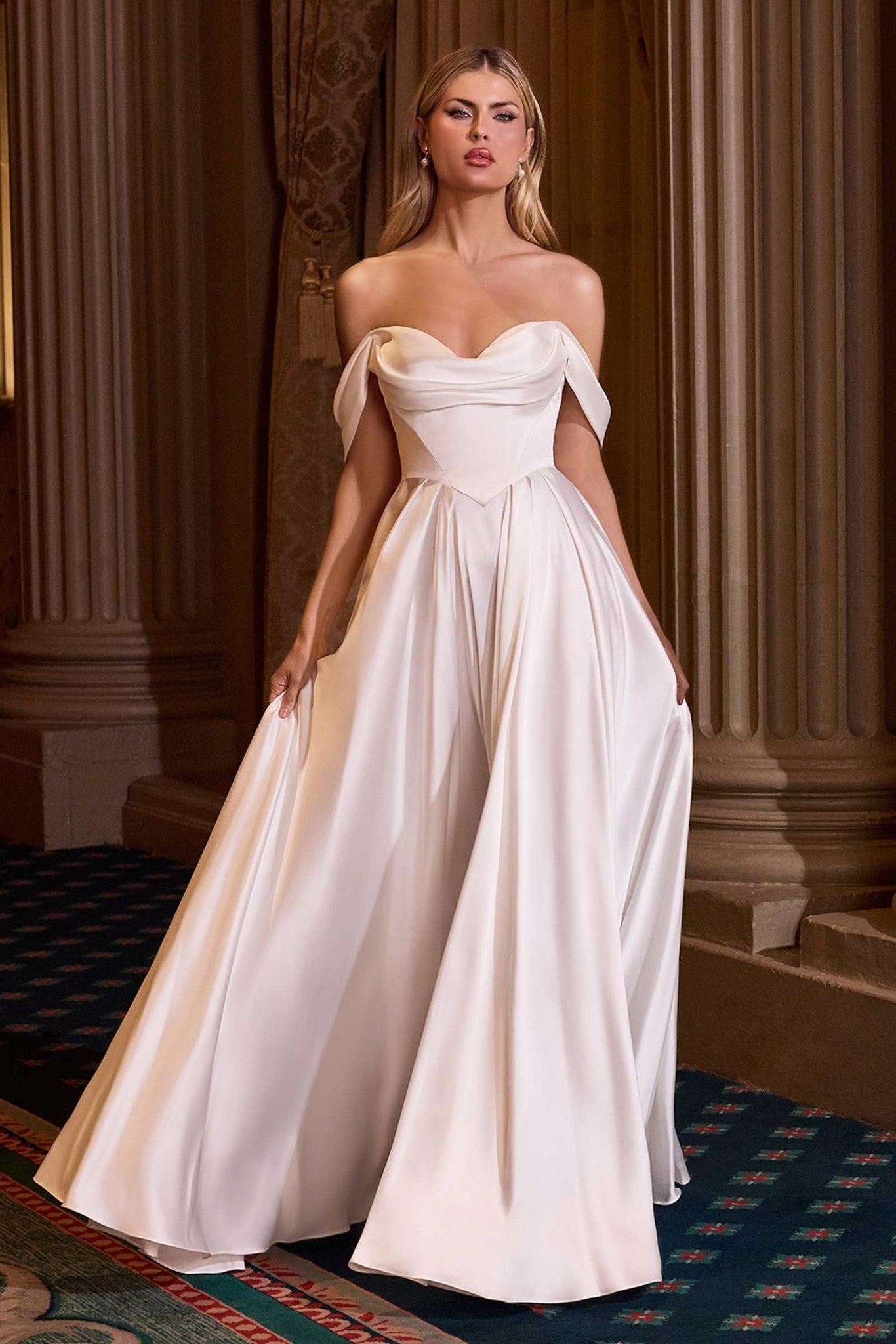 Ladivine 7449W A-Line Fitted Bodice Off the Shoulder Satin Wedding Dress - Luzilly Bridal & Apparel