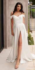 Ladivine 7493W Long A-Line Off the Shoulder Satin Bridal Dress - Luzilly Bridal & Apparel