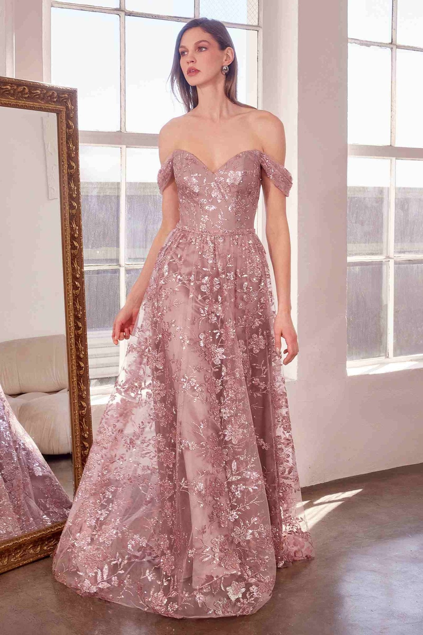 Ladivine Amoris T607 Glitter Print Off the Shoulder A-Line Prom Gown - Luzilly Bridal & Apparel