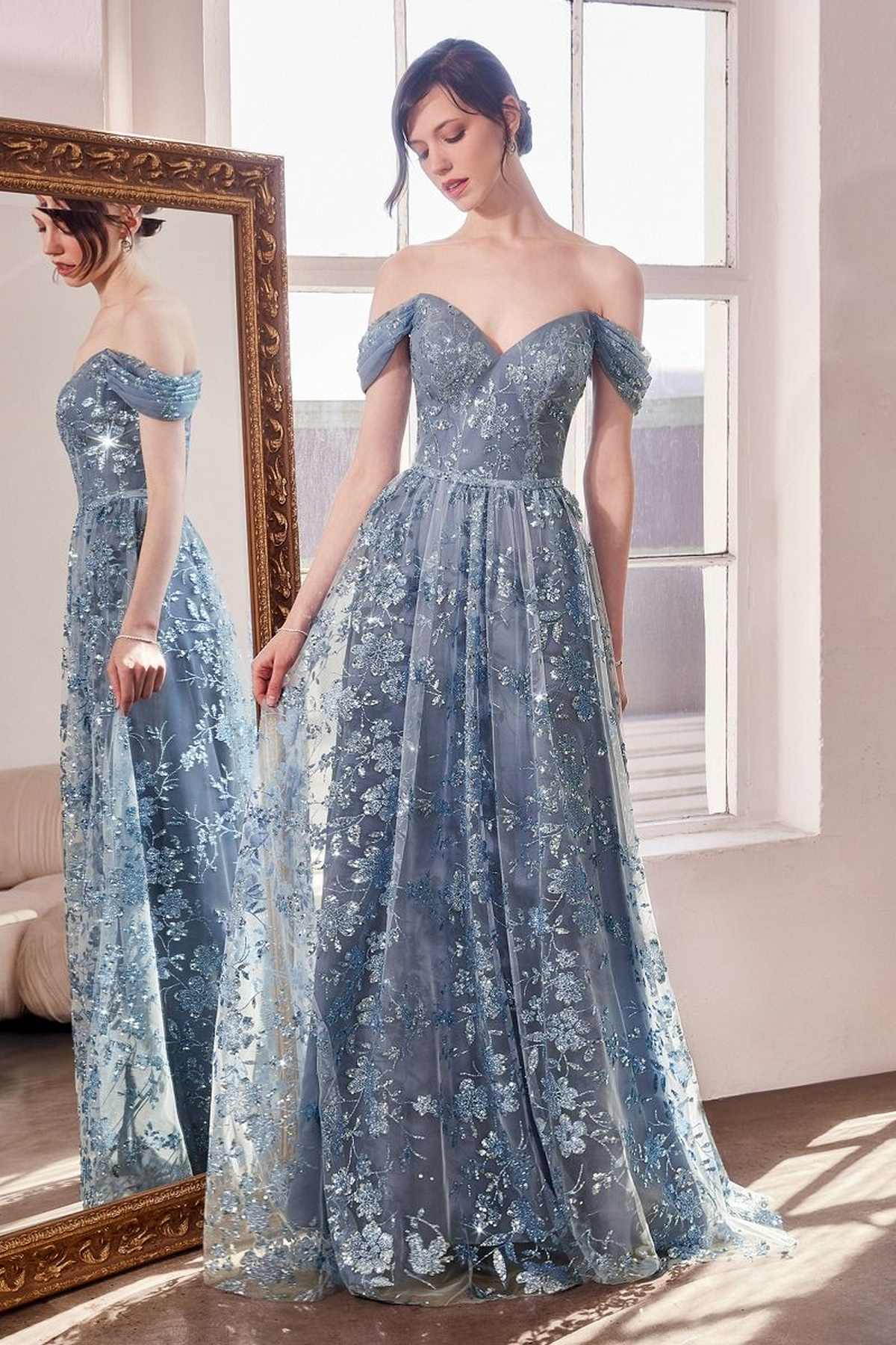 Ladivine Amoris T607 Glitter Print Off the Shoulder A-Line Prom Gown - Luzilly Bridal & Apparel