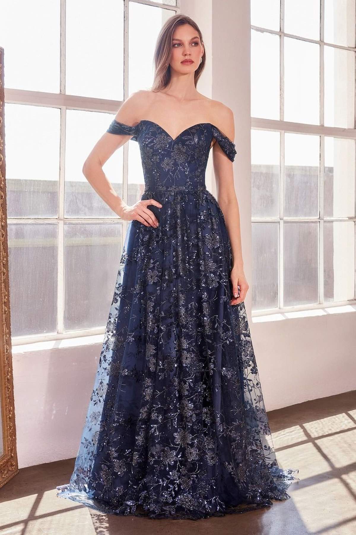 Ladivine Amoris T607 Glitter Print Off the Shoulder A-Line Prom Gown - Luzilly Bridal & Apparel