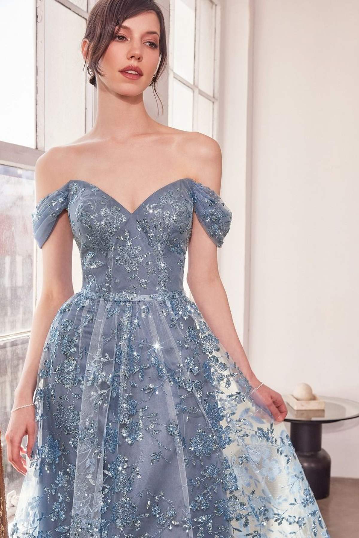 Ladivine Amoris T607 Glitter Print Off the Shoulder A-Line Prom Gown - Luzilly Bridal & Apparel