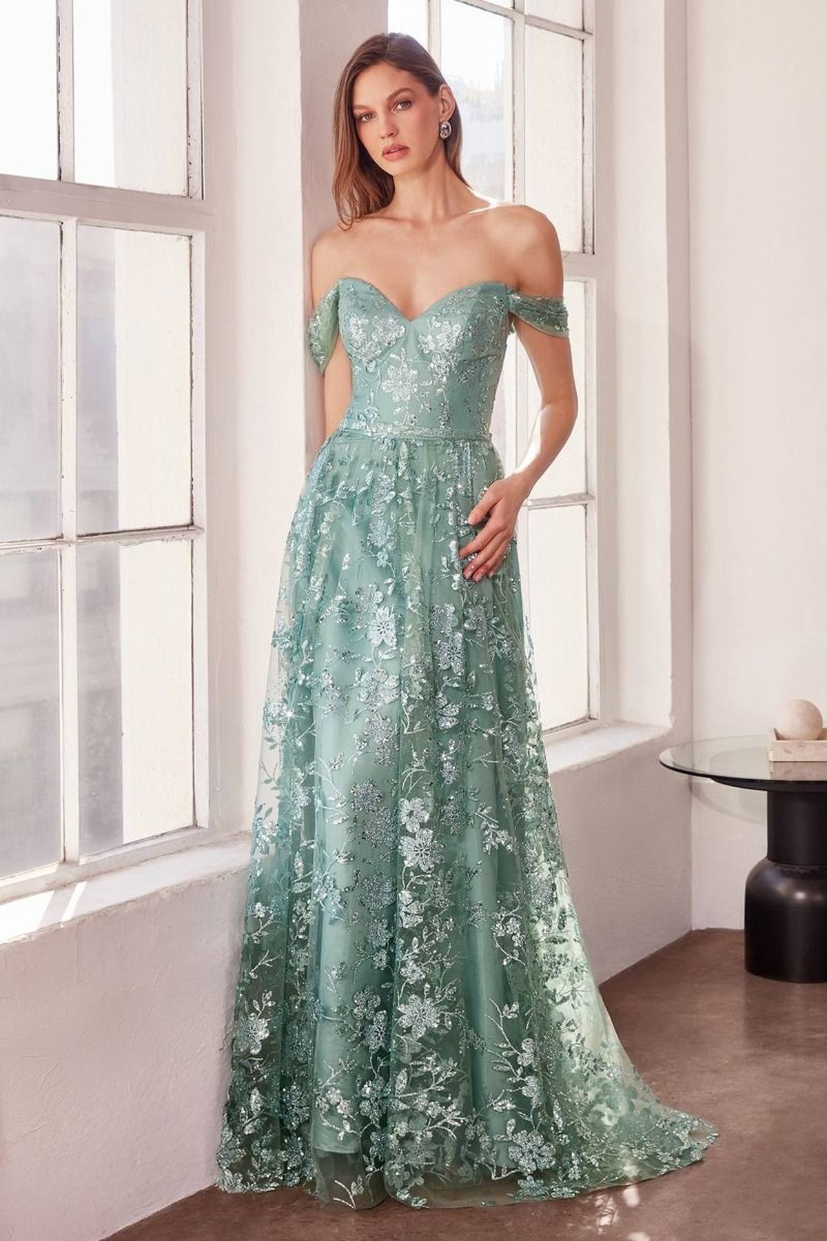 Ladivine Amoris T607 Glitter Print Off the Shoulder A-Line Prom Gown - Luzilly Bridal & Apparel
