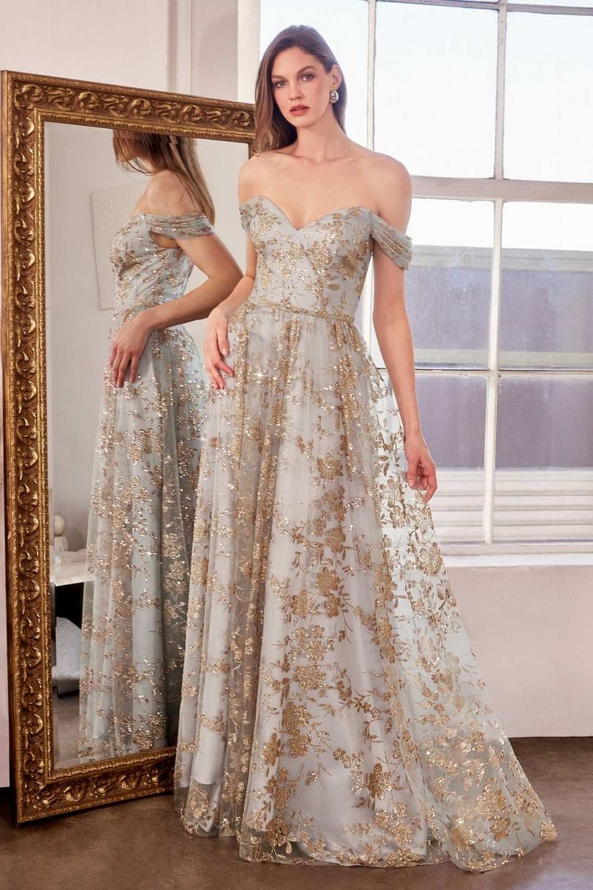 Ladivine Amoris T607 Glitter Print Off the Shoulder A-Line Prom Gown - Luzilly Bridal & Apparel
